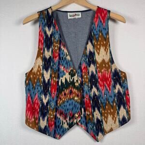 Vintage Denim Southwest Print Vest Rhinestone Festival USA Made Women M Western